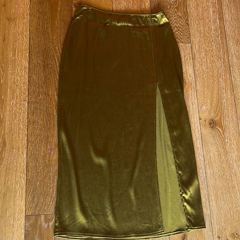 Zara stretchy silk maxi skirt olive shiny color size medium